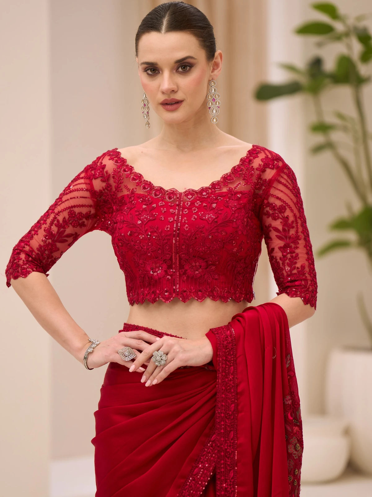 Tarani cherry red embroidered blouse upper body view with satin chiffon saree Shambhavi