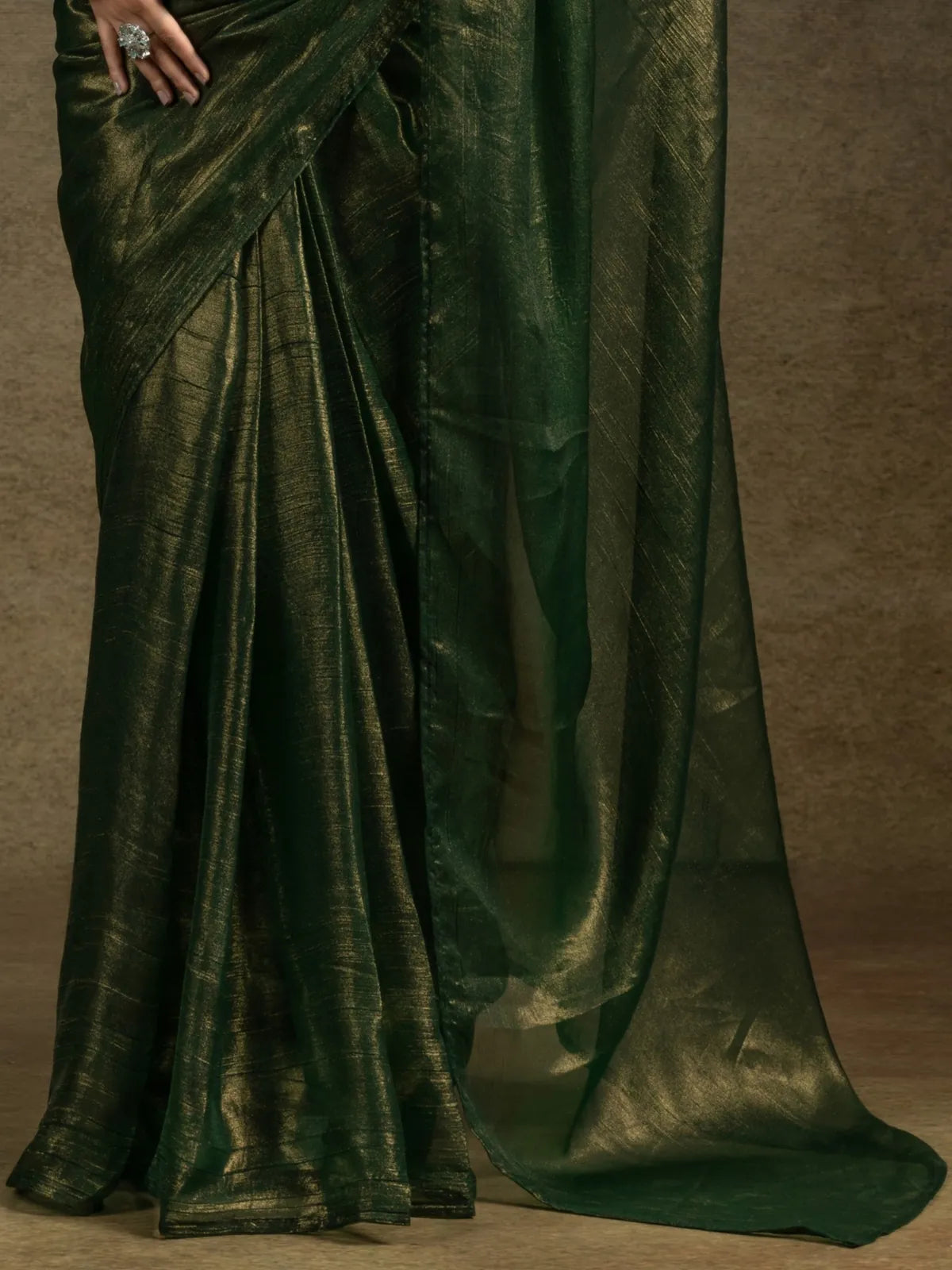 Tarani green satin chiffon saree fabric closeup showing shimmer and lightweight texture