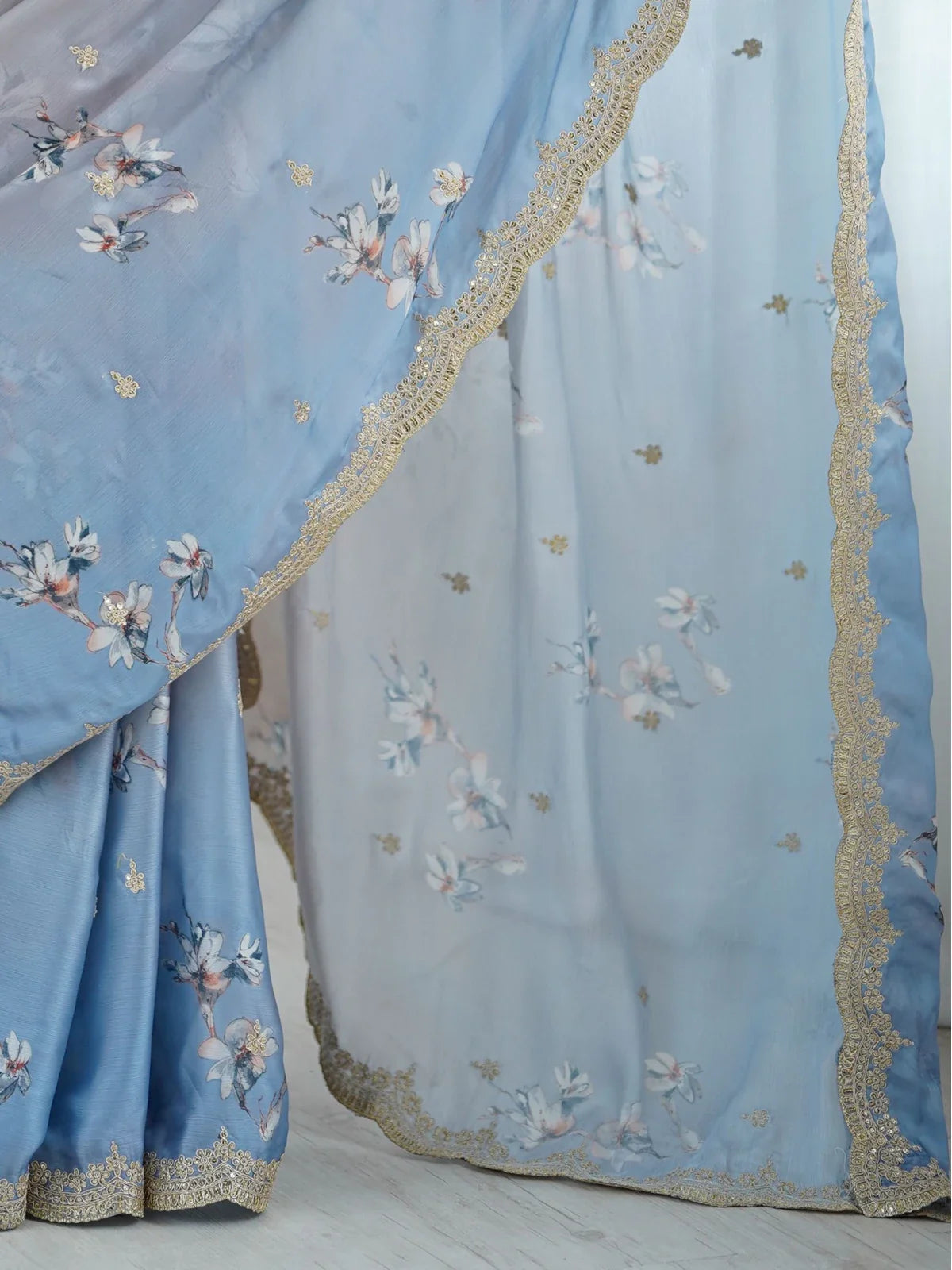 Tarani closeup satin chiffon saree fabric with floral print and sequin work