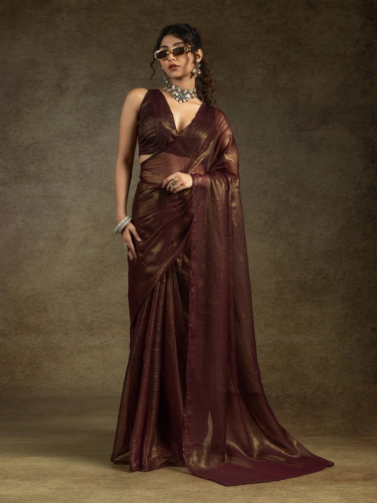 Tarani maroon satin chiffon saree with golden shimmer in full view for festive and wedding wear