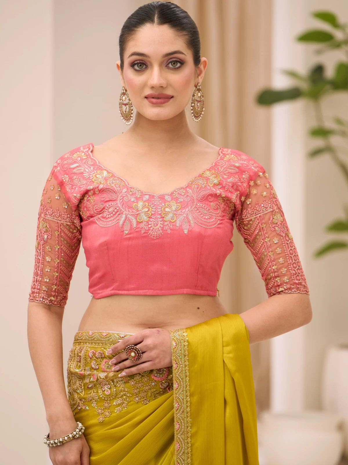 Tarani Ekanshi embroidered Banglori blouse front detail with mustard saree