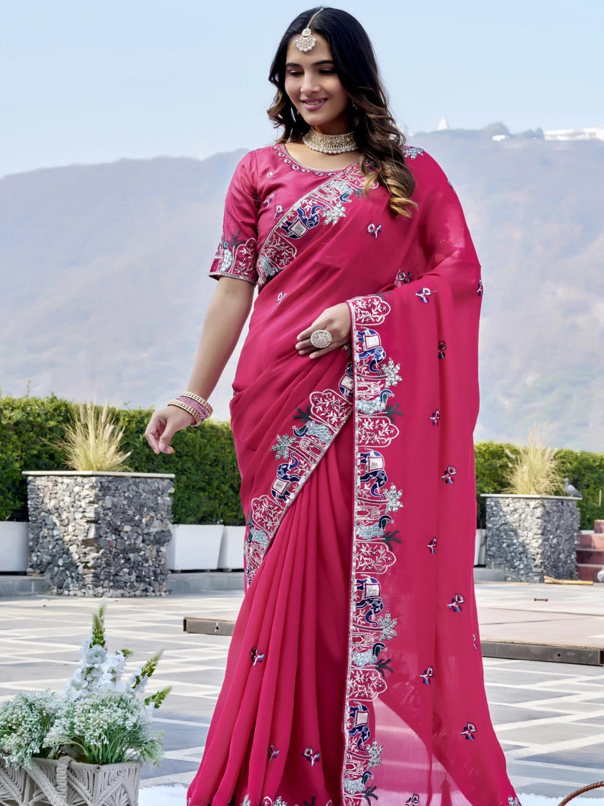 Tarani designer magenta saree with heavy thread and sequence embroidery front model view