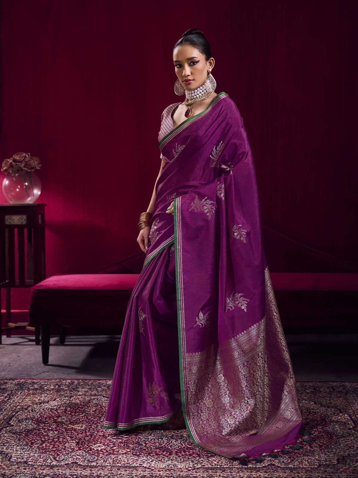 Tarani purple satin linen handloom weaving silk saree full view for festive party wear