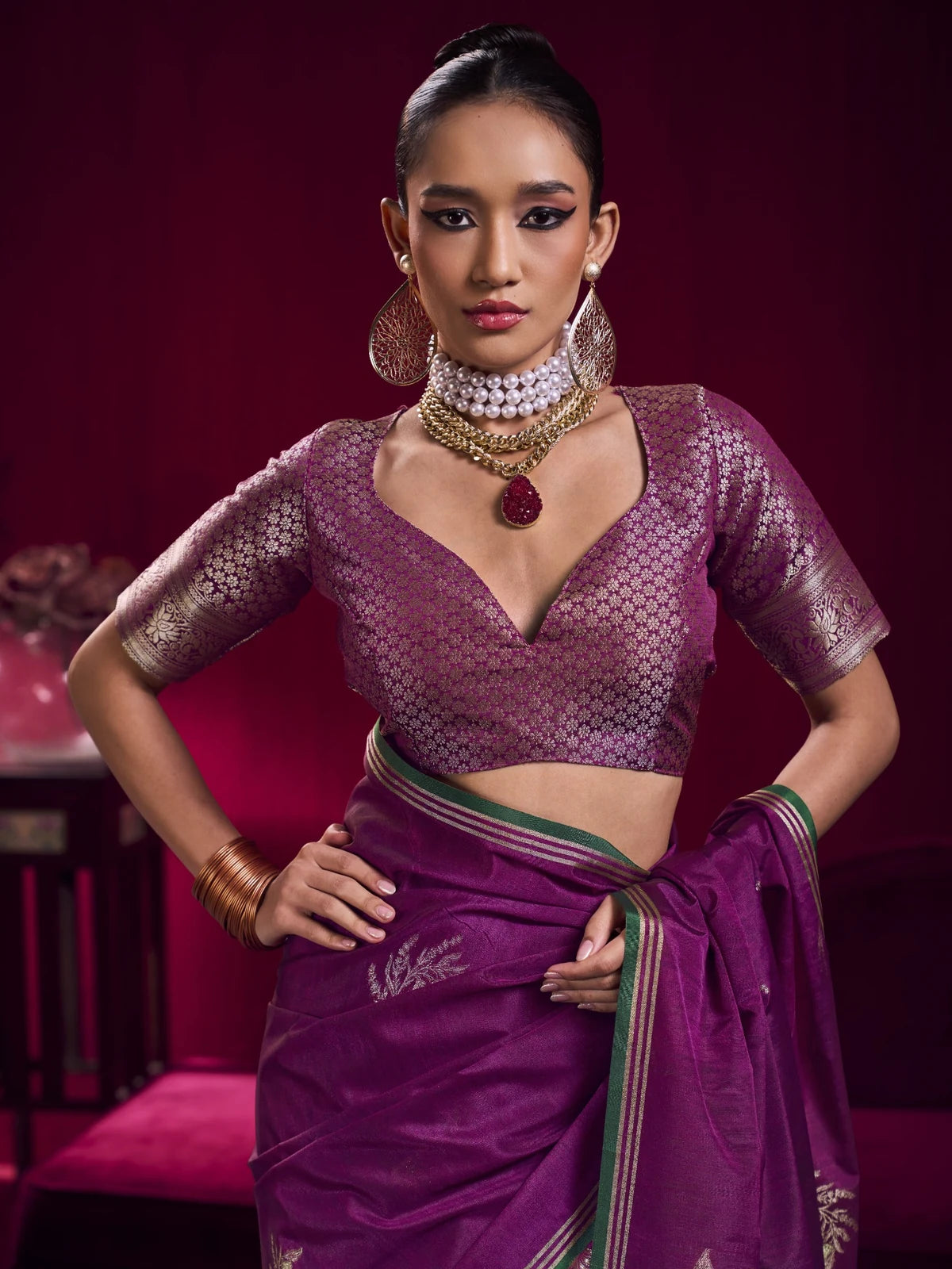 Tarani purple satin linen weaving silk saree upper body blouse look with zari weaving