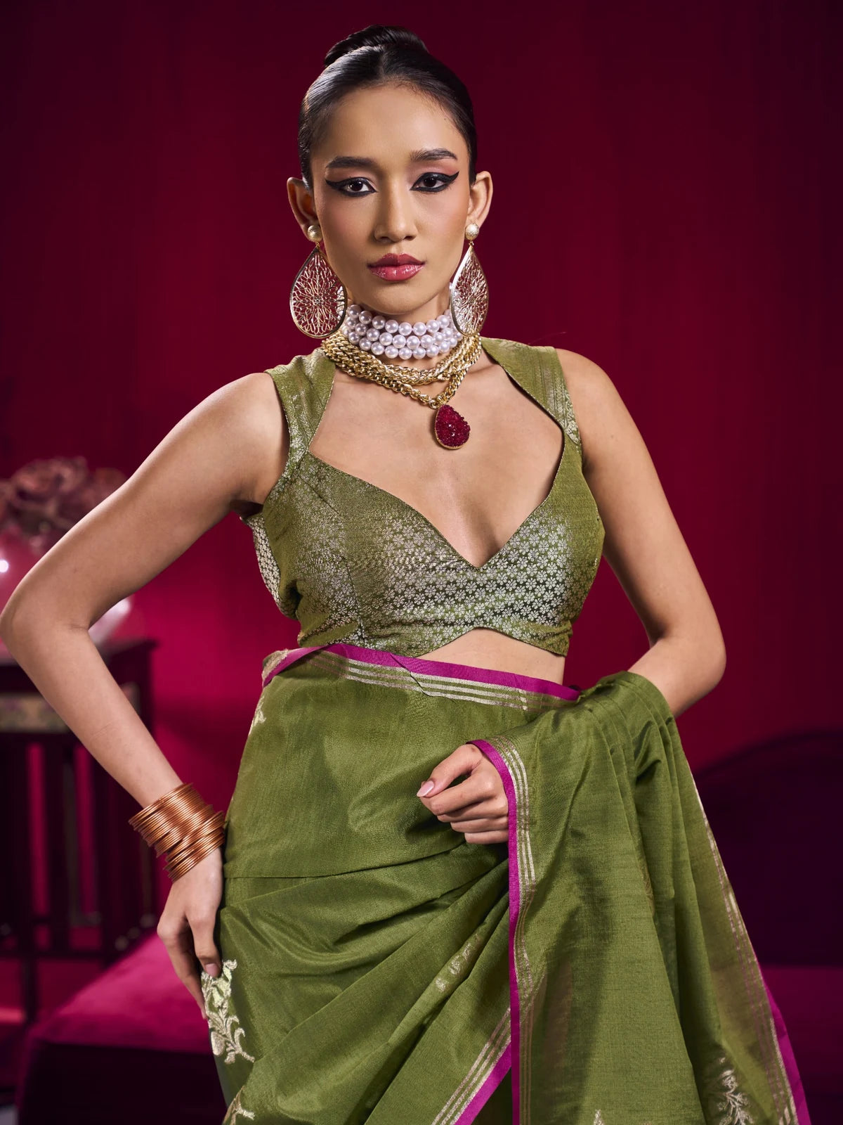Tarani green satin linen weaving silk saree upper body blouse detailing for festive styling