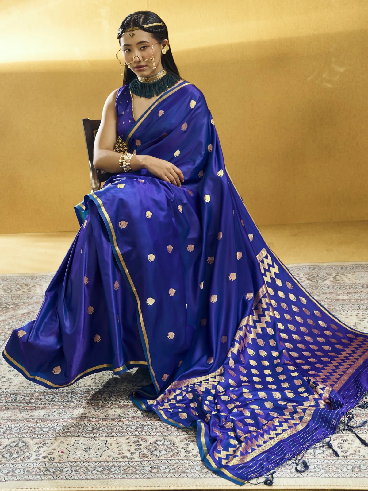 Tarani royal blue Pure Satin Handloom Weaving saree with woven motifs front-view