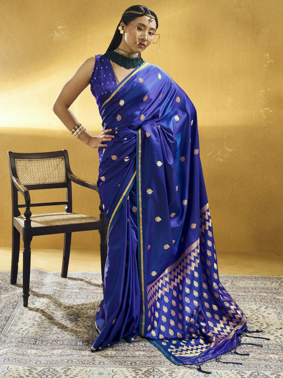 Tarani royal blue Pure Satin Handloom Weaving saree with woven motifs full-view