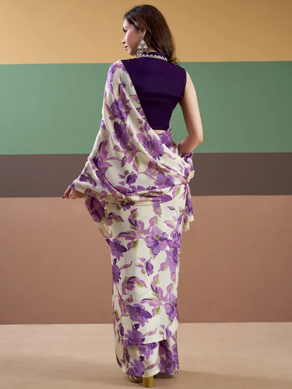 Tarani cream floral satin saree with full back drape and contrast stitched blouse view