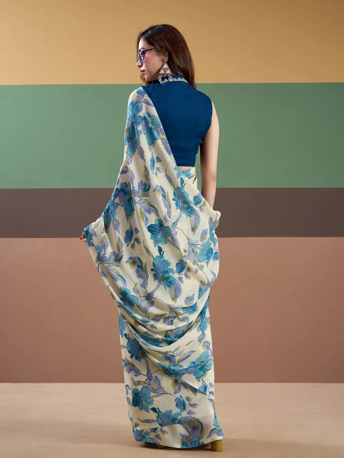 Tarani satin saree in cream with floral prints back view showing blouse styling