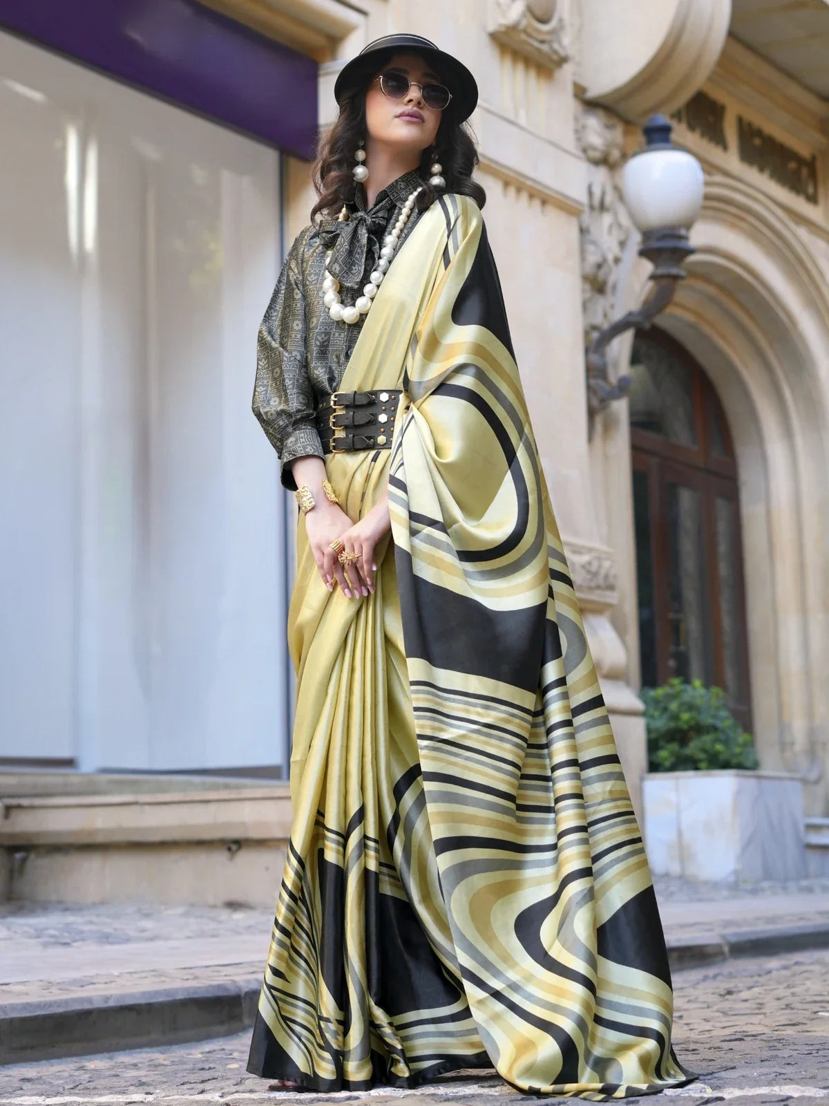 Tarani golden Spanish satin saree with modern design full view worn by model