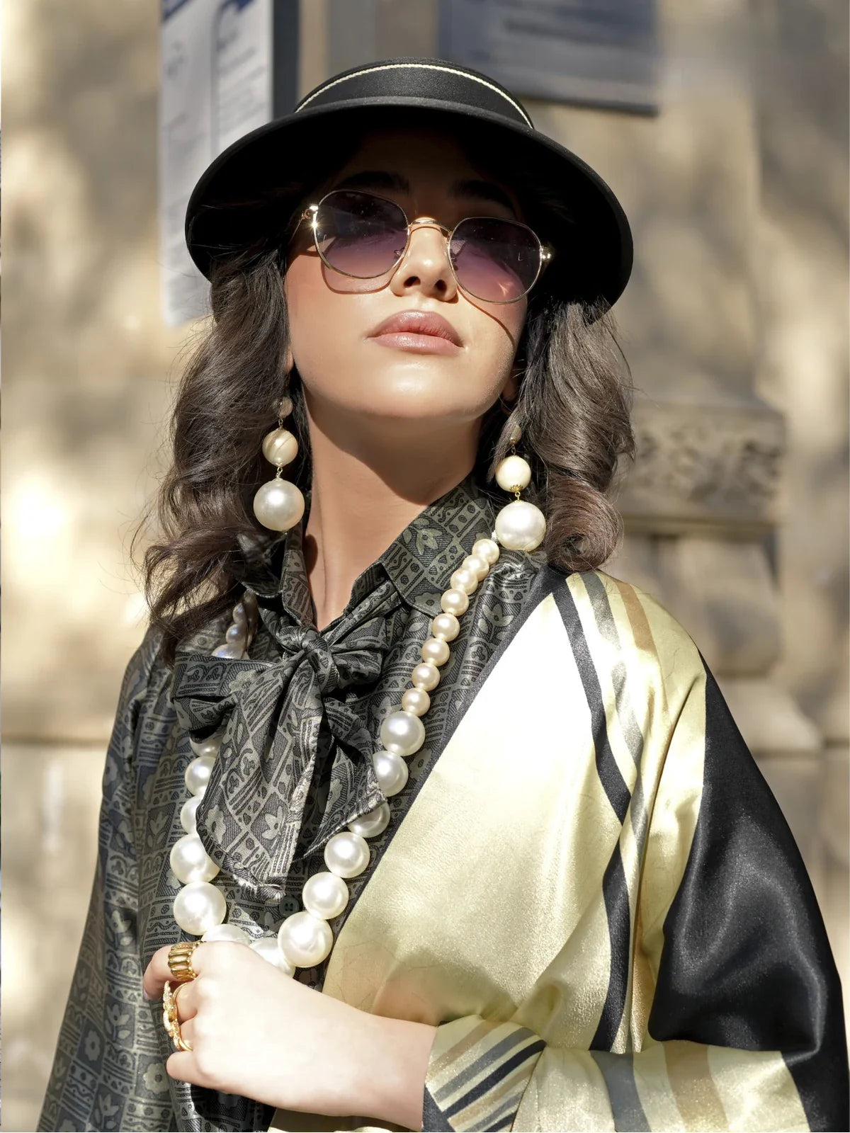 Tarani golden Spanish satin saree upper body view showing modern styling