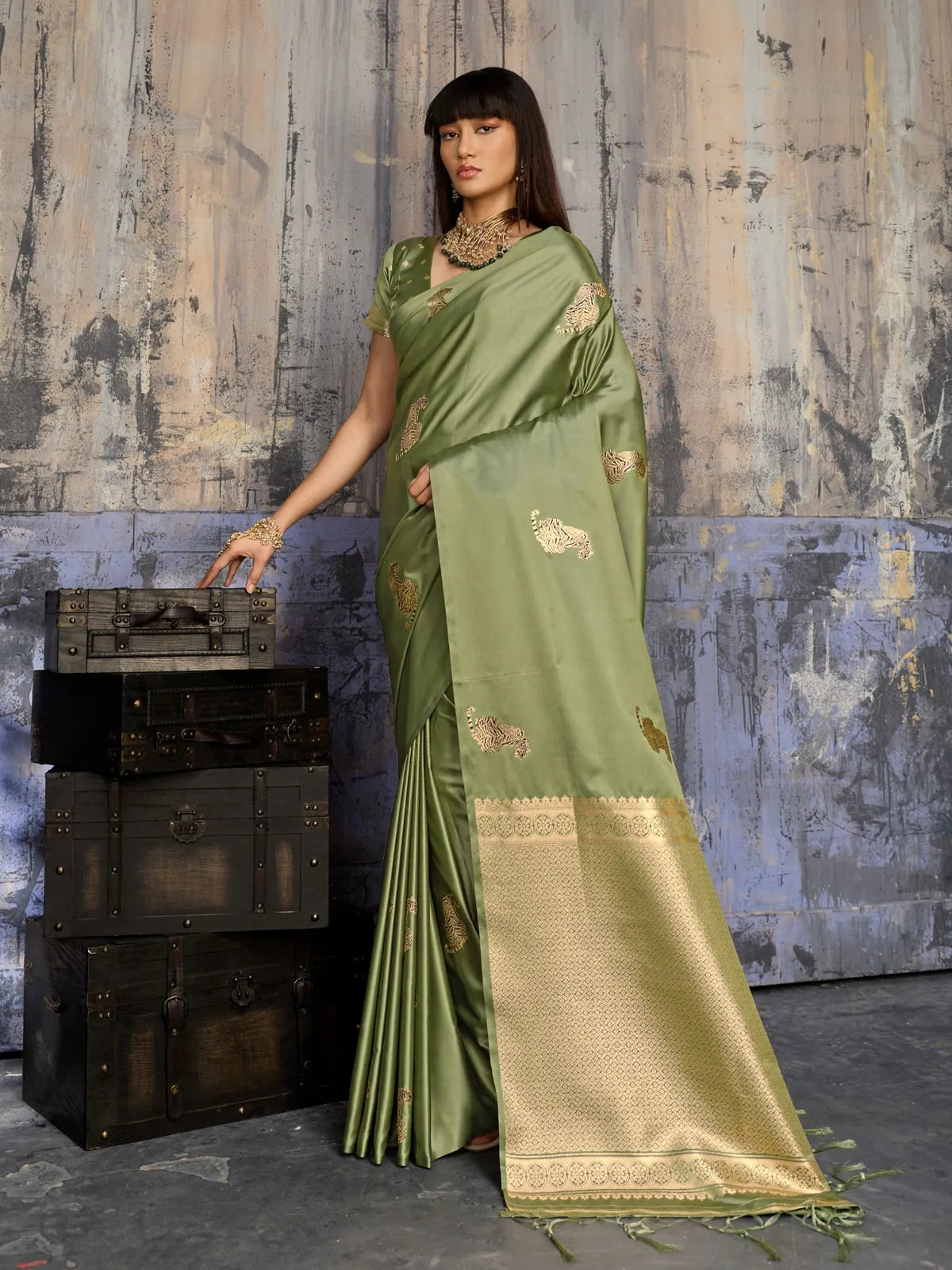 Tarani pure satin handloom green saree full view with woven zari border for festive party wear