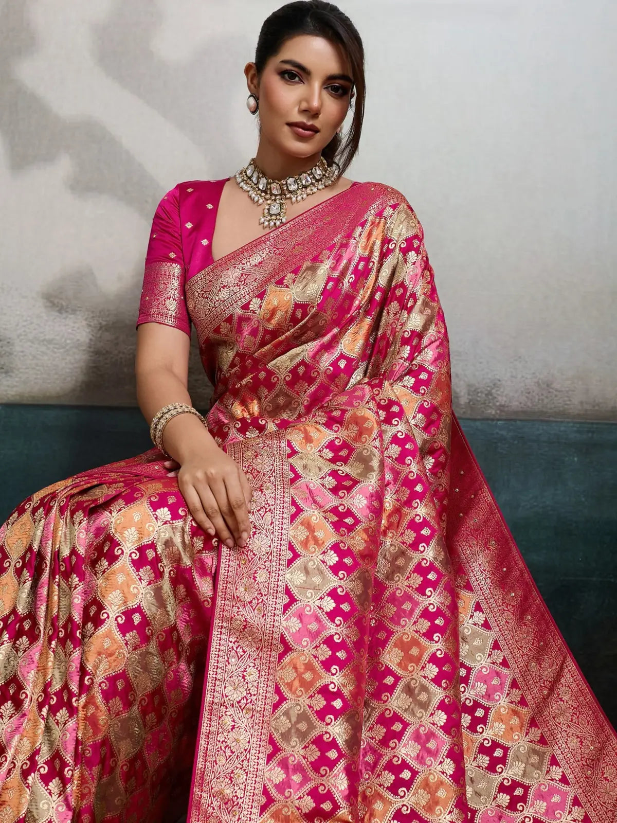 Tarani pure satin jacquard magenta saree with tricolor Minakari weaving front-view view