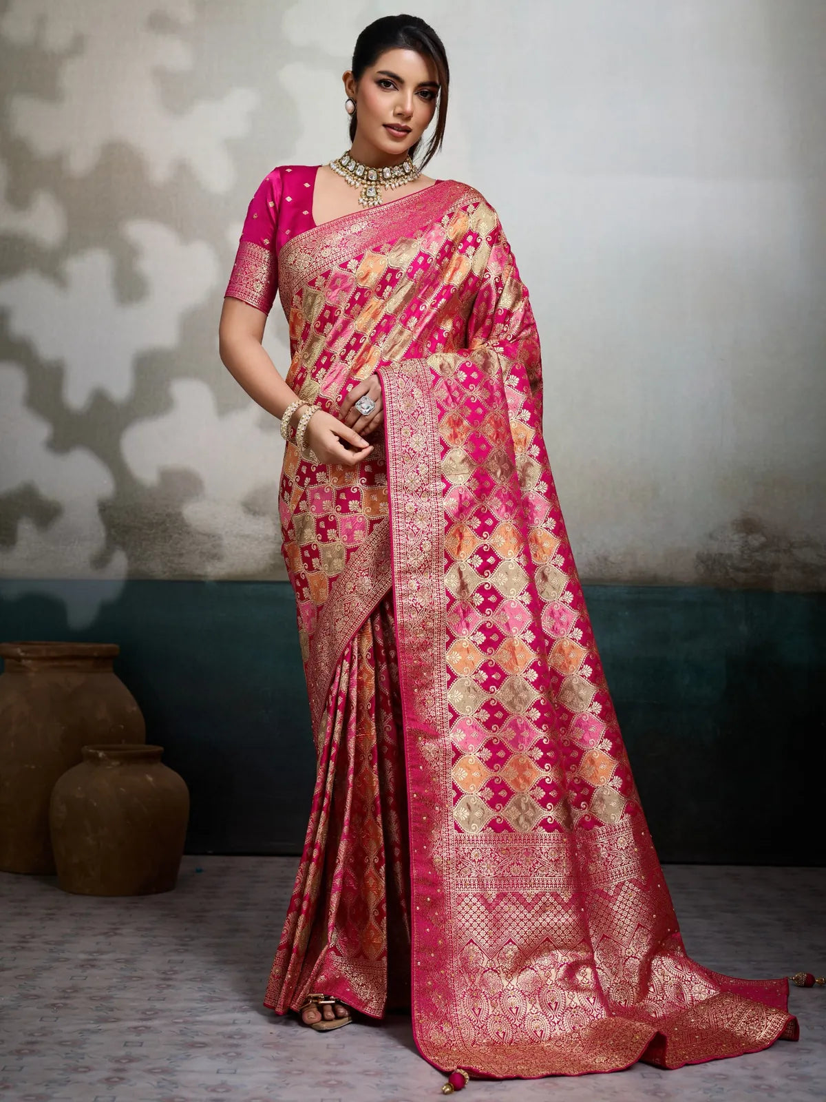 Tarani pure satin jacquard magenta saree with tricolor Minakari weaving full-view view