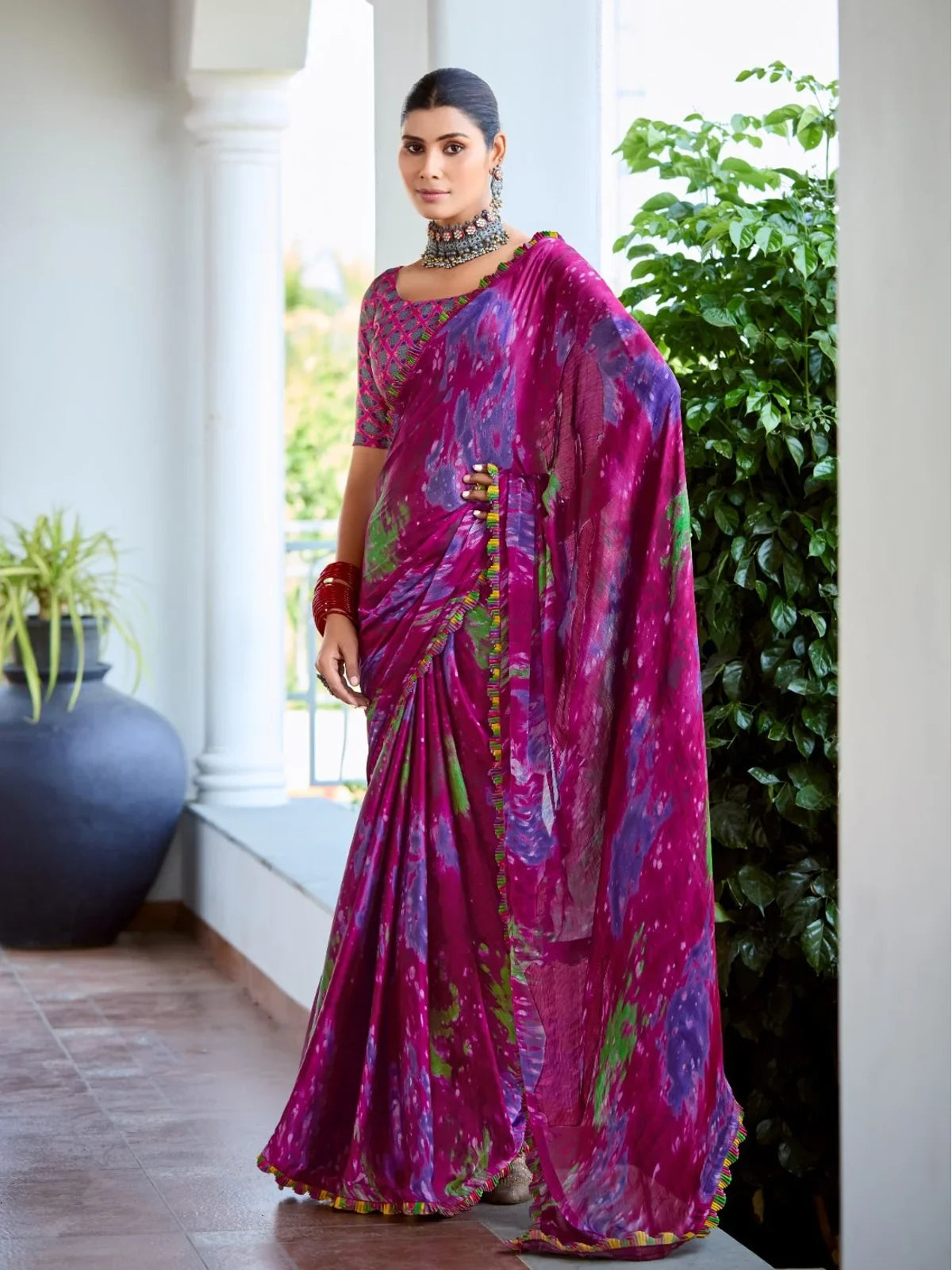 Tarani magenta satin festive saree with matching satin blouse for celebrations