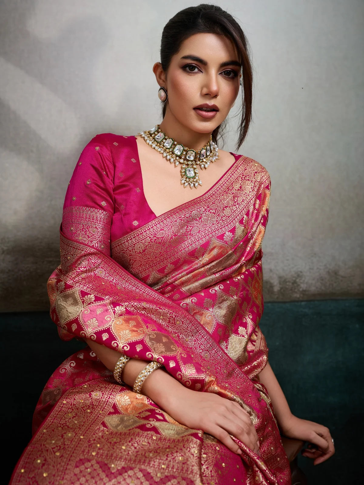 Tarani pure satin jacquard magenta saree with tricolor Minakari weaving upper-body-view view