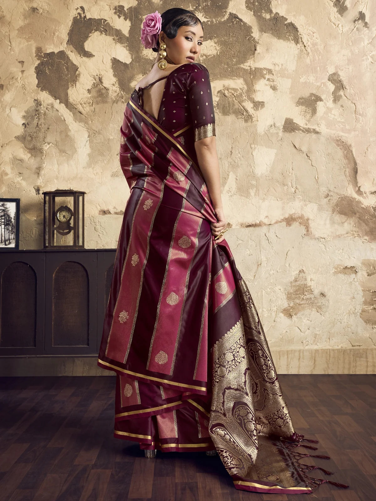 Tarani pure satin maroon handloom saree back-view with woven border