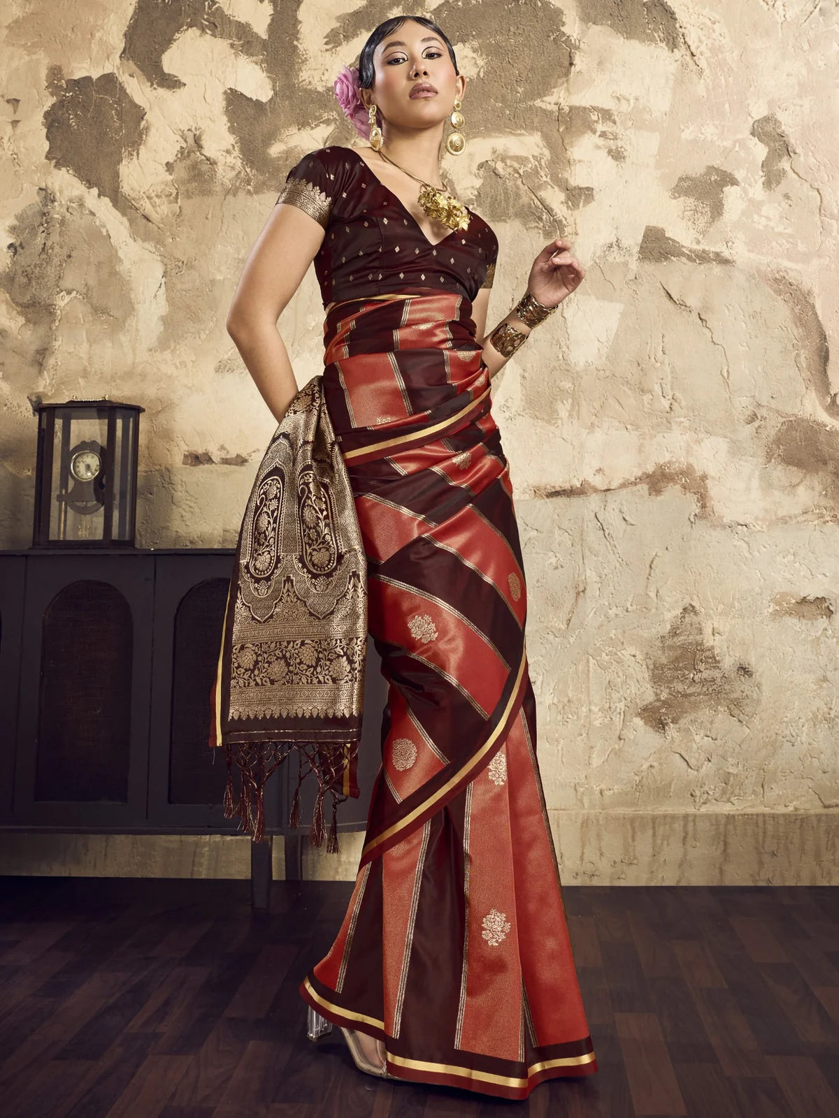 Tarani maroon dual tone satin saree front view with woven border