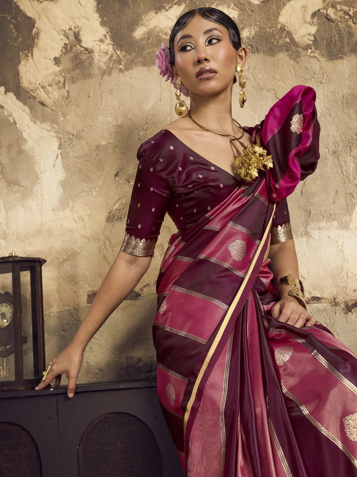 Tarani pure satin maroon handloom saree side-view with woven border