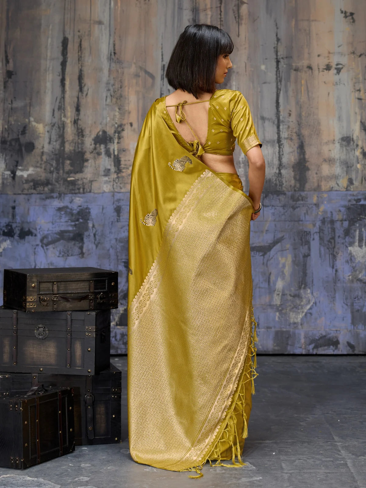 Tarani pure satin handloom saree back view with blouse tie design and woven pallu
