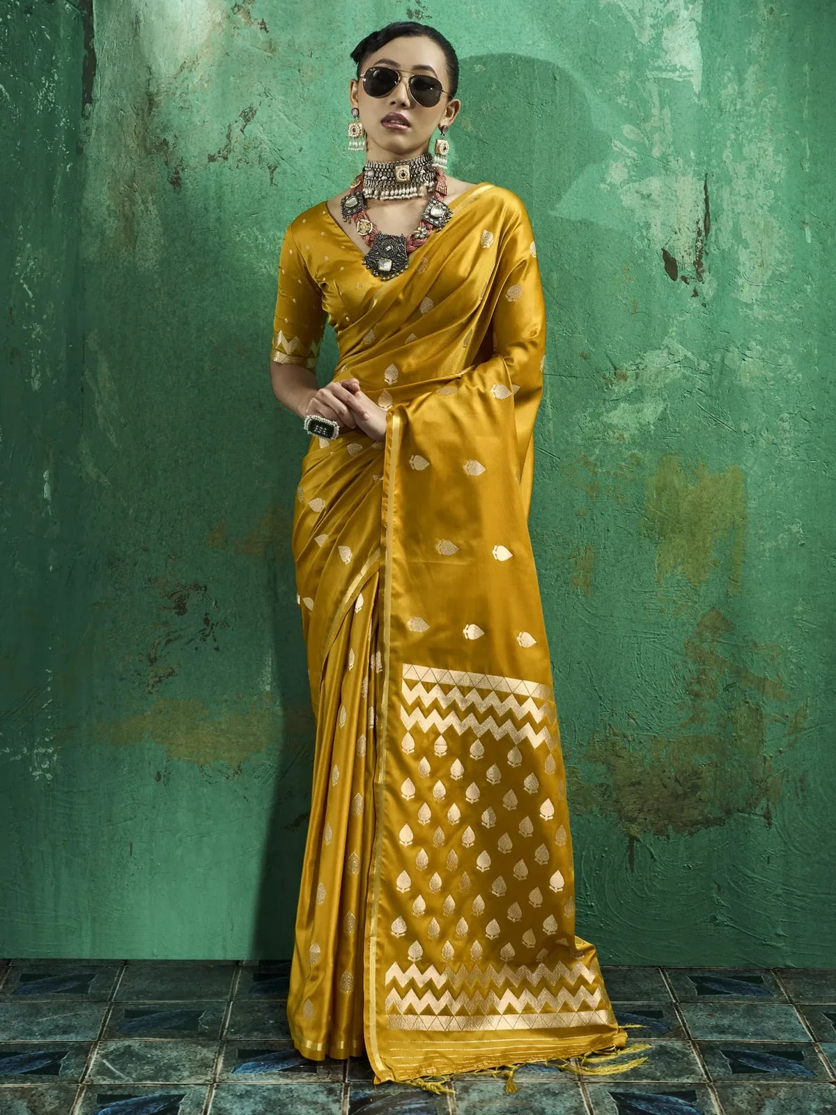 Tarani Leena mustard pure satin handloom saree full view with zari woven motifs and elegant festive drape
