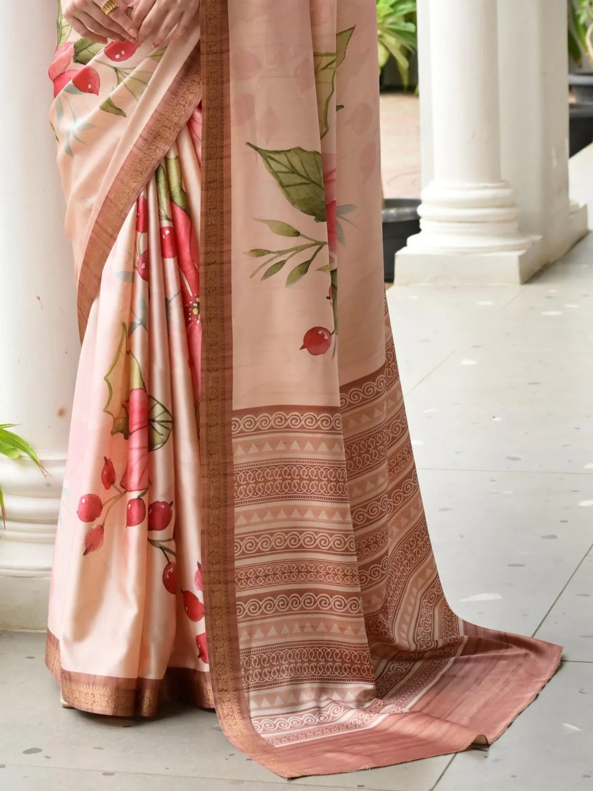 Tarani peach satin saree detailed blouse design with front drape and waist styling