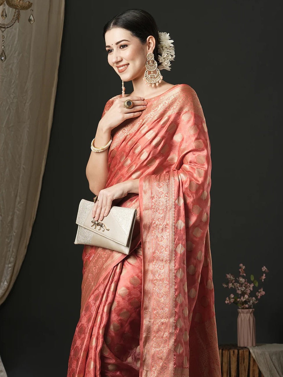 Tarani front view peach satin silk saree with zari border perfect for wedding look