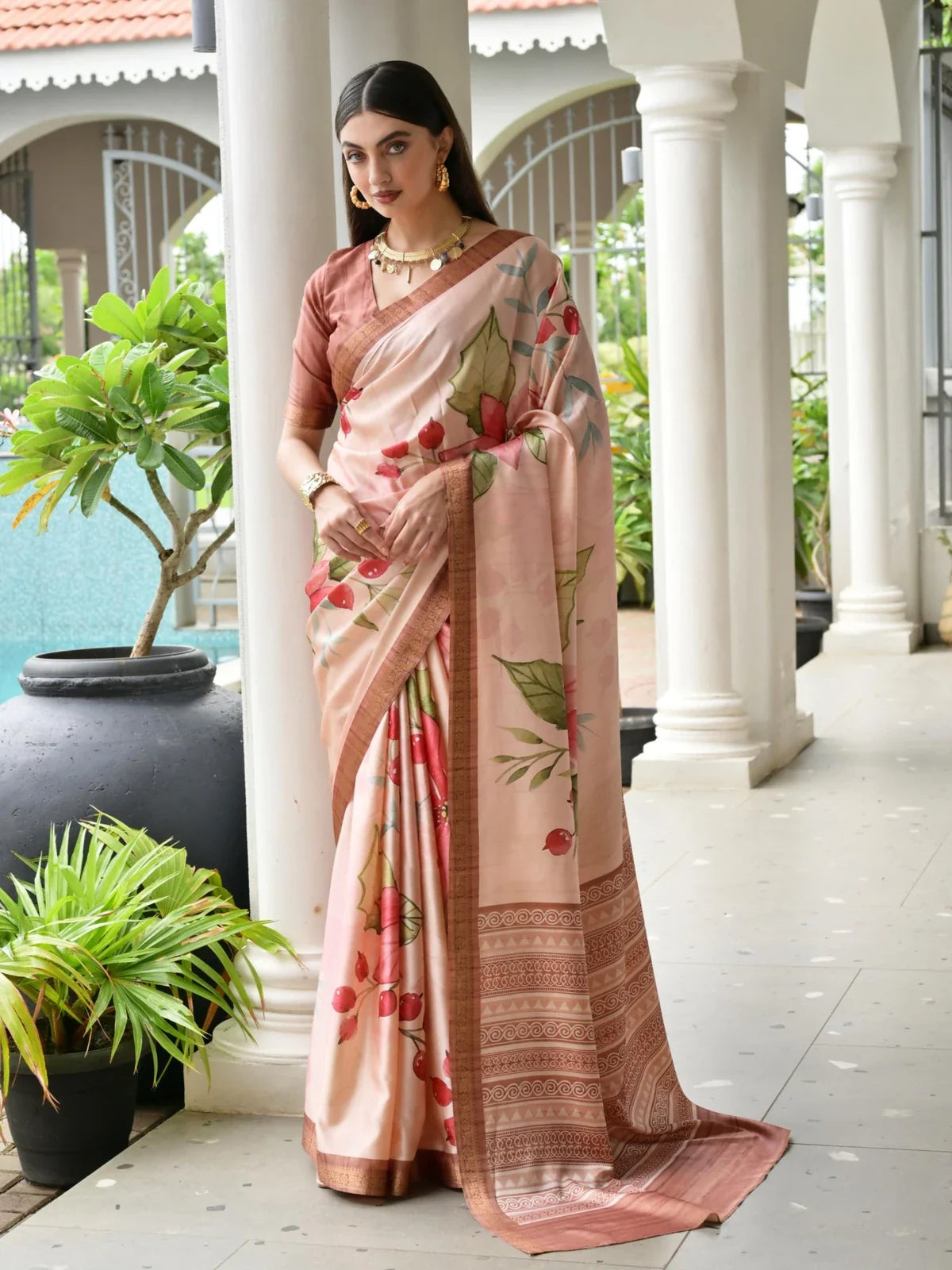 Tarani peach satin saree with floral hand painted design and contrast blouse full view