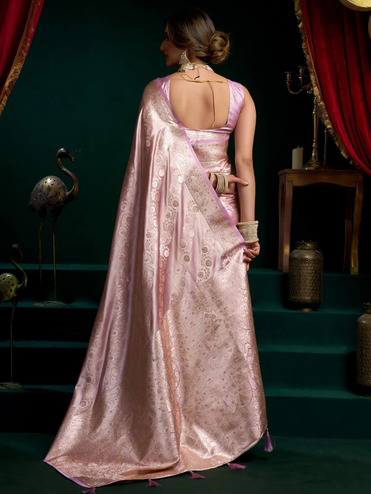 Tarani satin saree back view showing full drape with elegant pallu fall