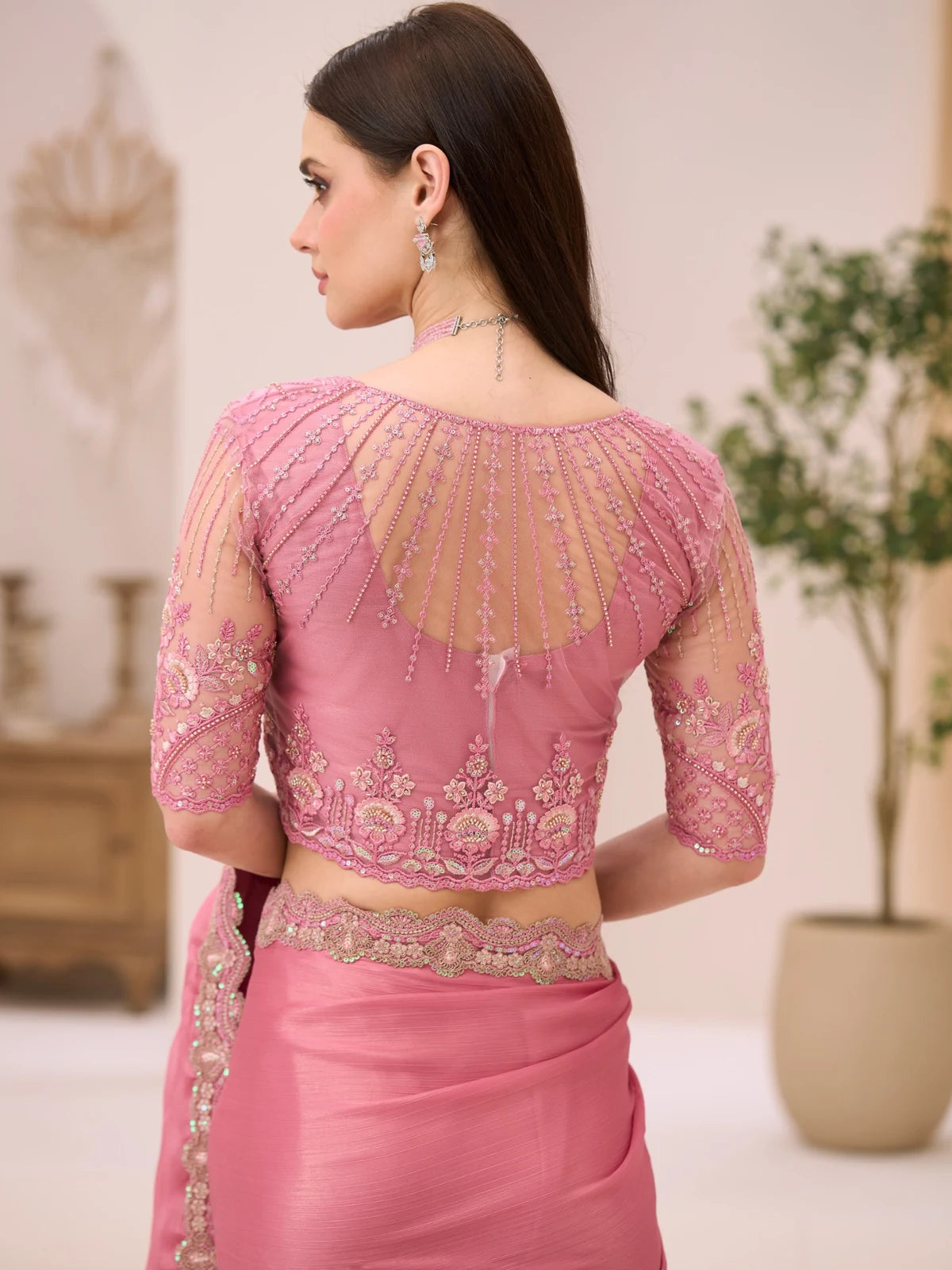 Tarani Meherika powder pink shimmer satin saree jacket blouse back view