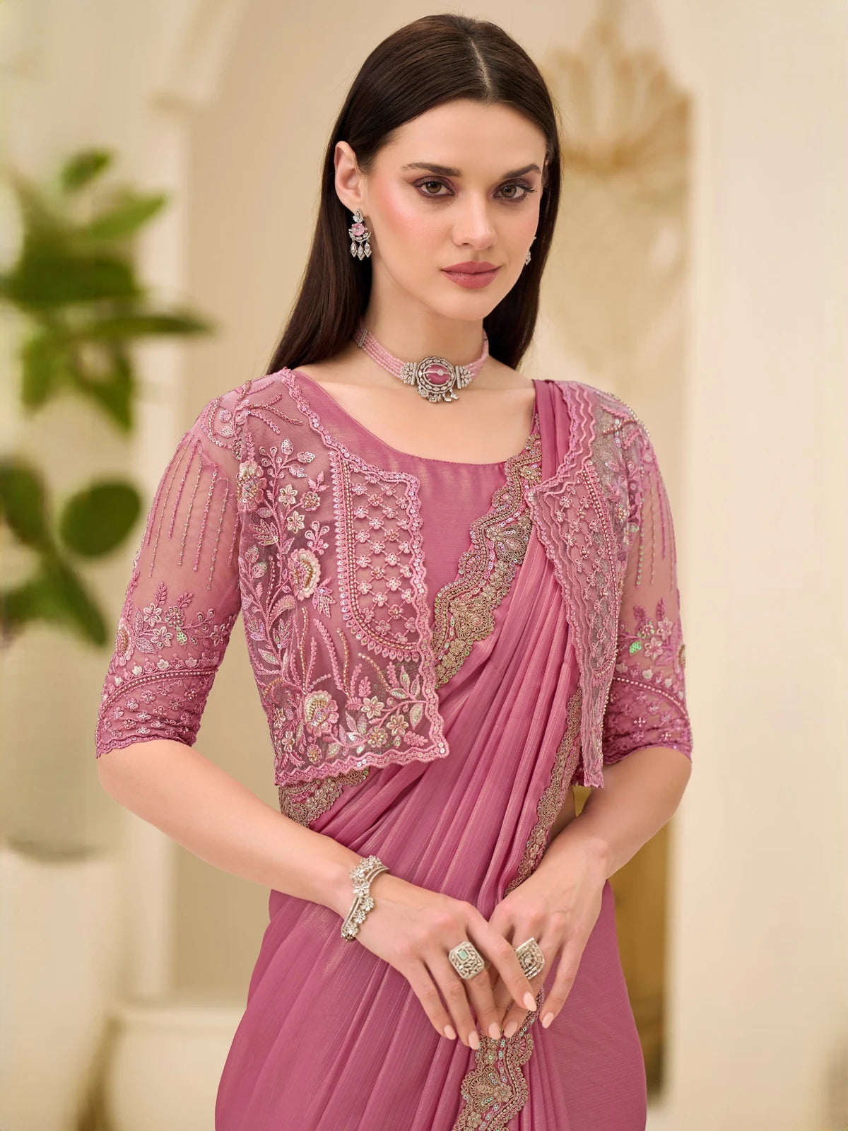 Tarani Meherika powder pink shimmer satin saree upper body embroidery work view