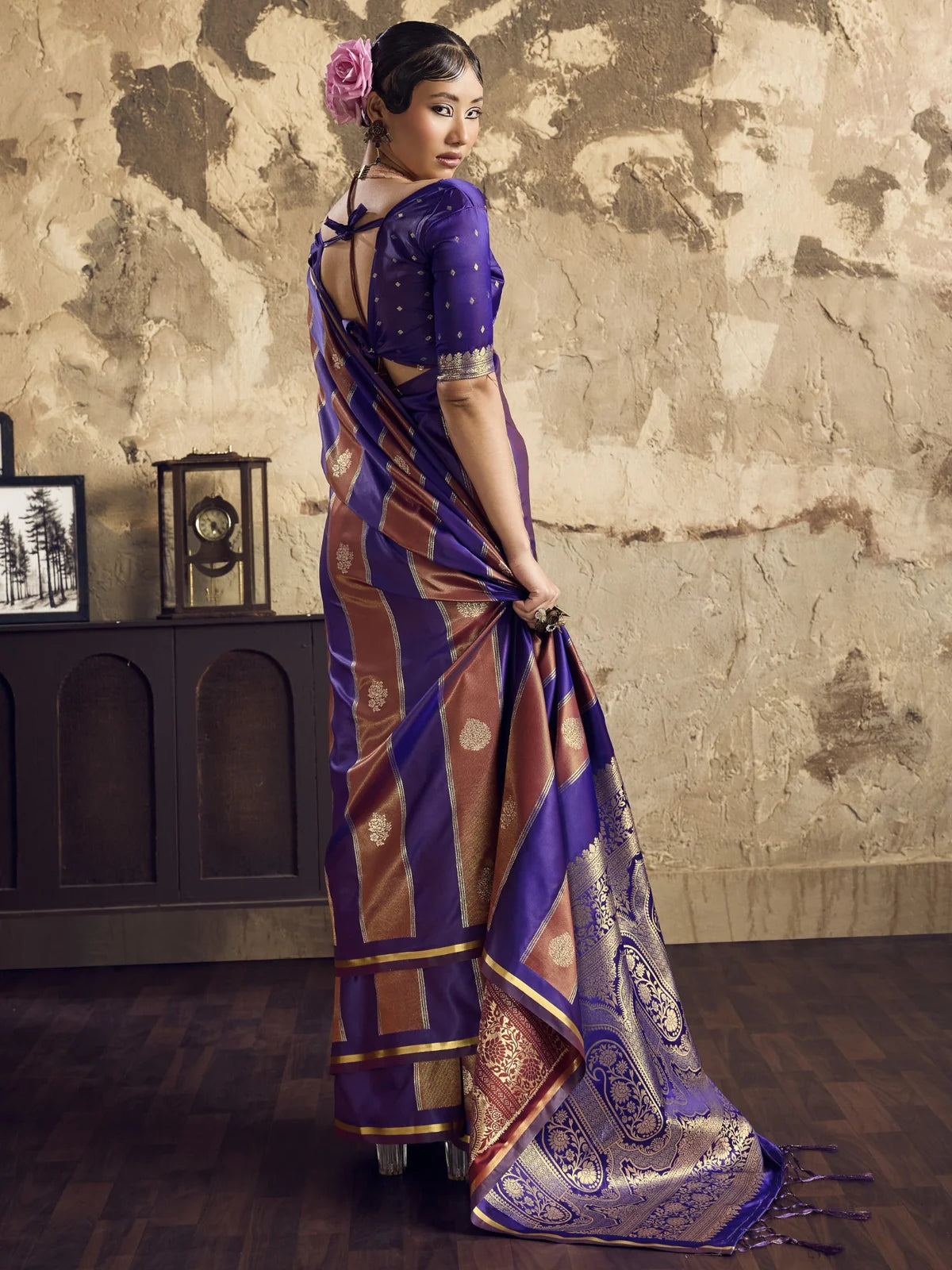 Tarani pure satin purple saree back-view