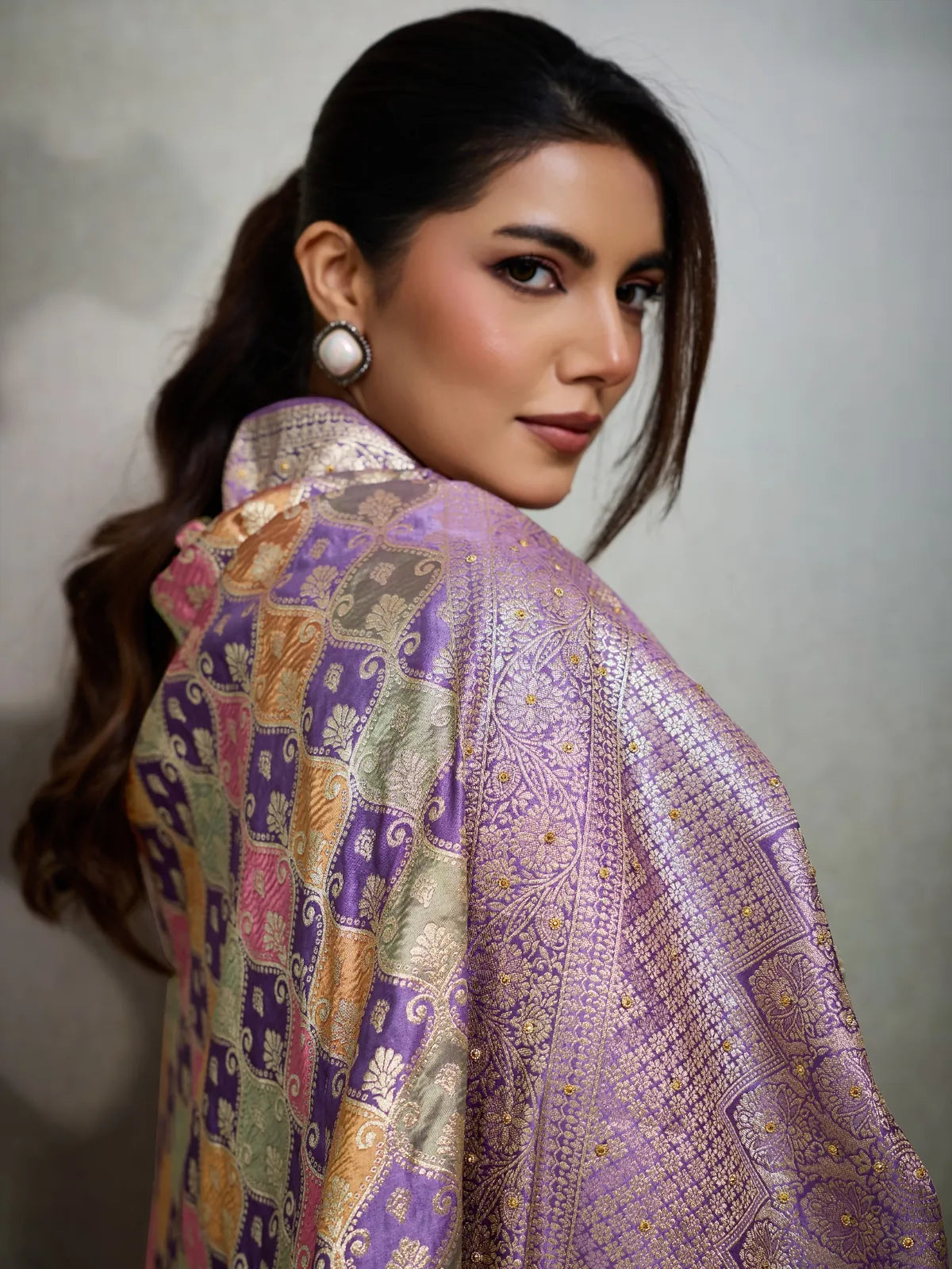 Tarani Pure Satin Jacquard purple saree closeup of weaving and border