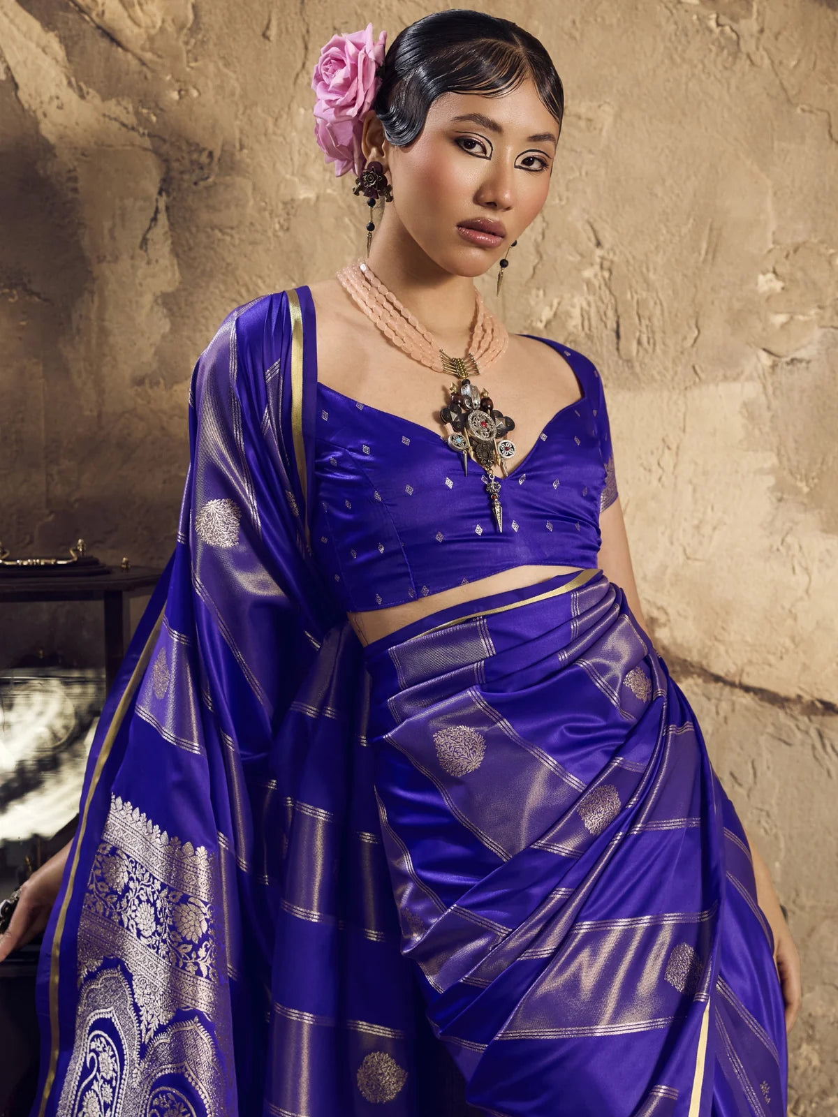 Tarani pure satin purple saree closeup showing blouse and weaving details