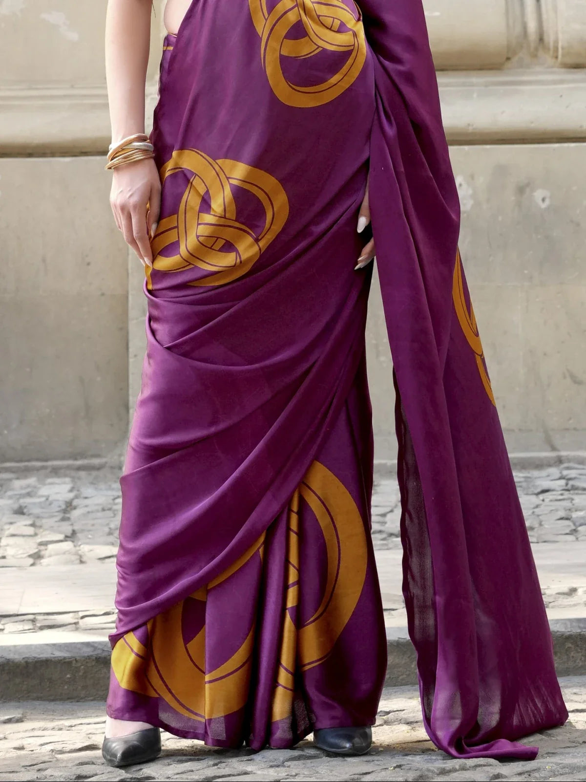 Tarani close fabric view of Spanish satin purple saree with modern motif design