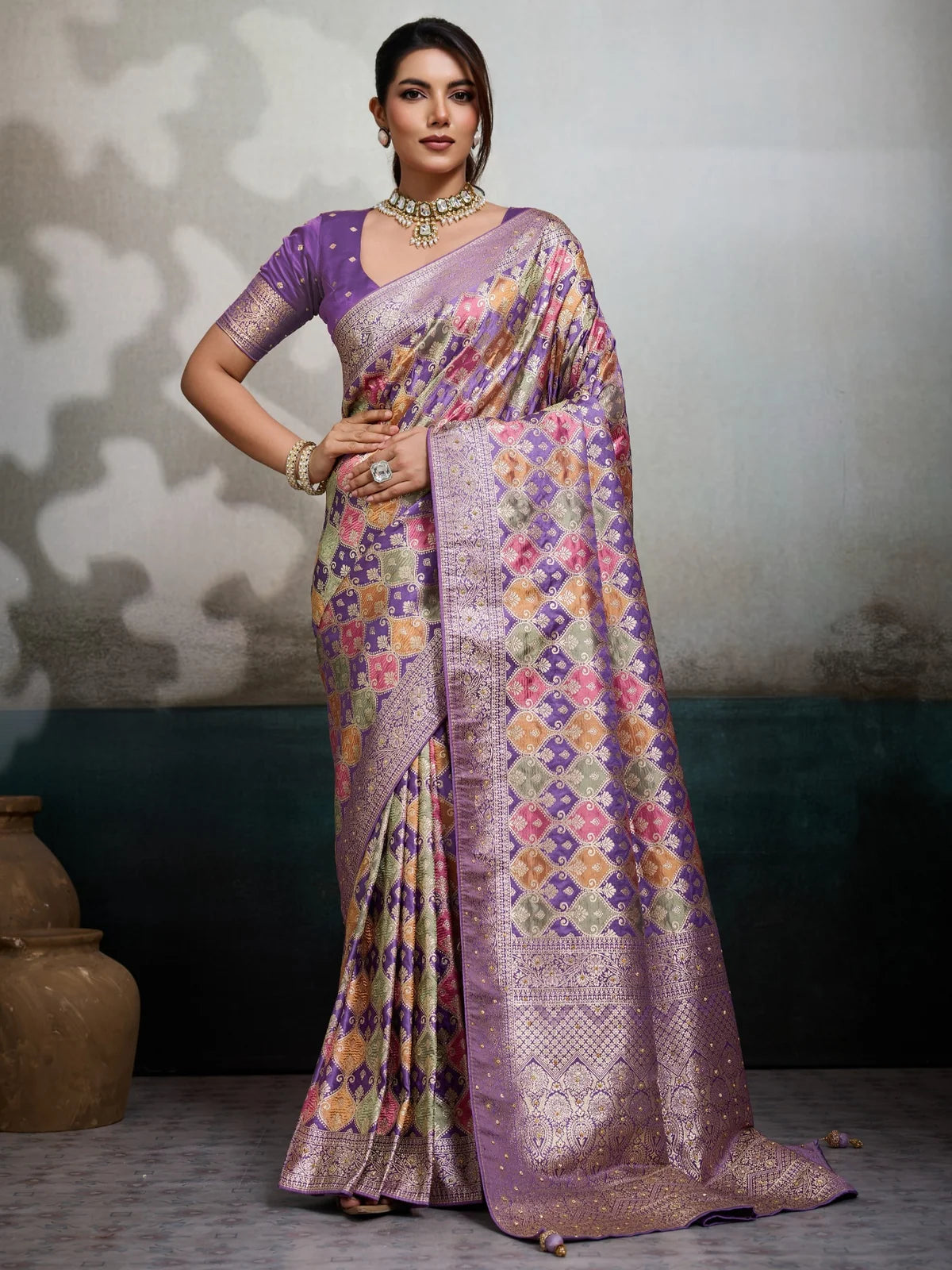 Tarani Pure Satin Jacquard purple saree front view with woven border