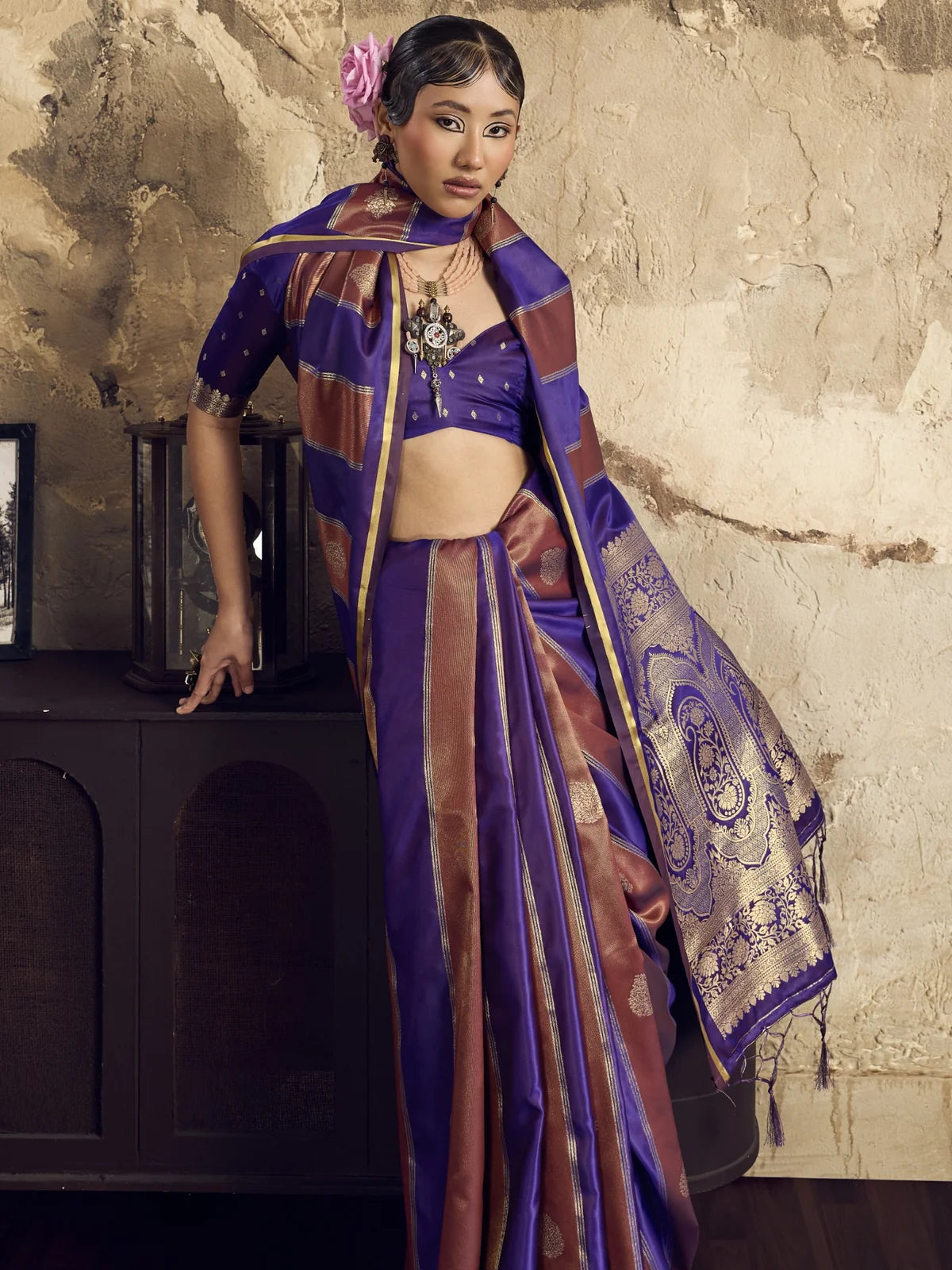 Tarani pure satin purple saree front-view