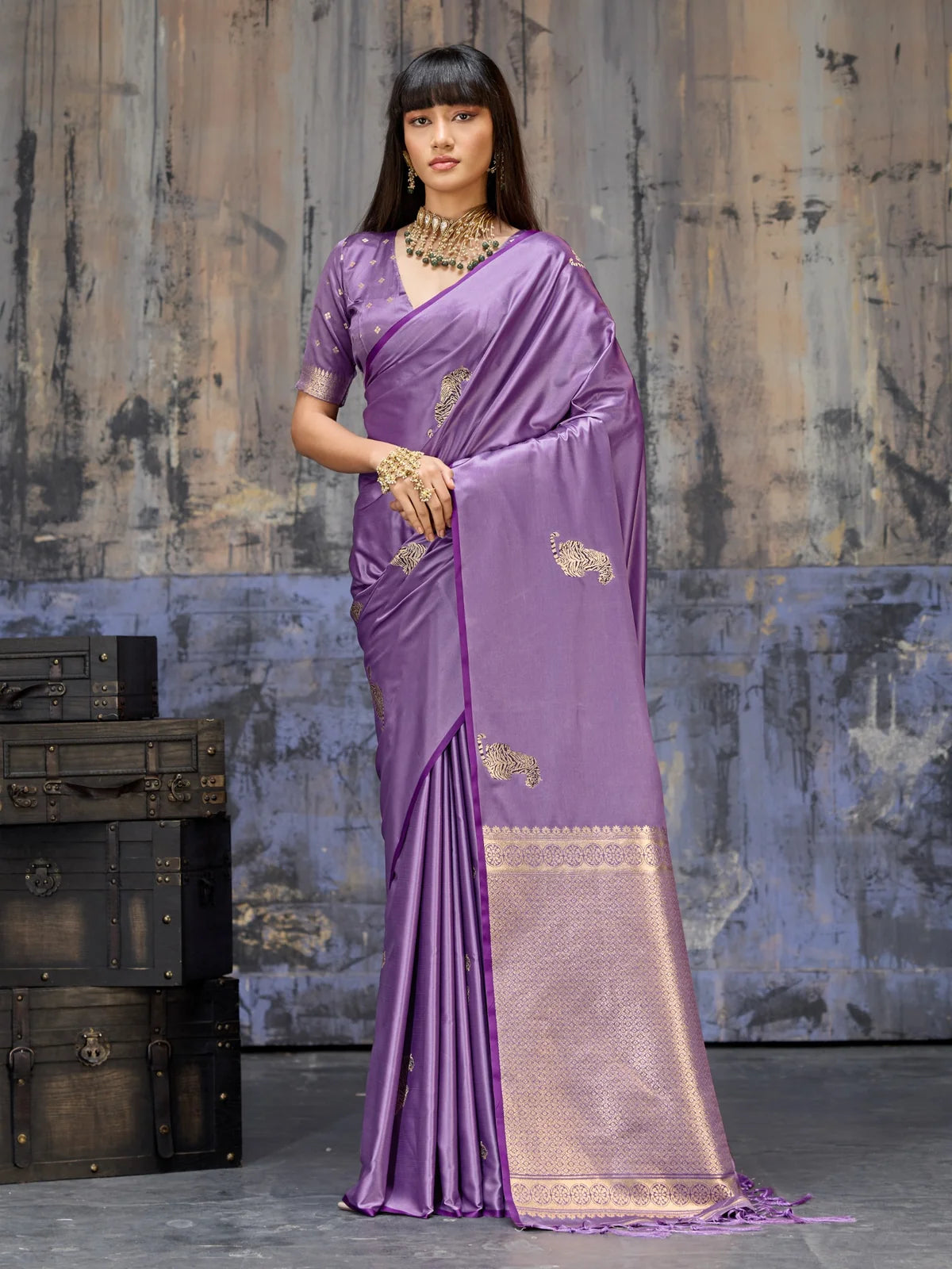Tarani purple pure satin handloom saree full front view for festive and party wear