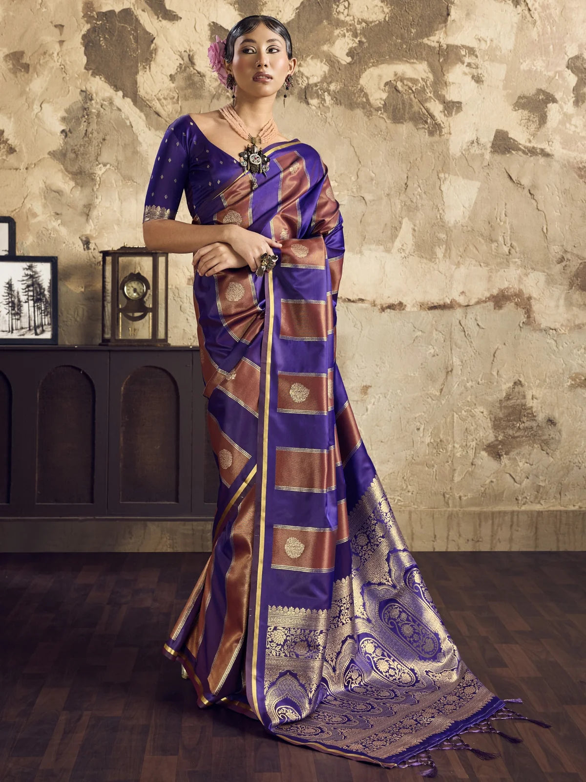 Tarani pure satin purple handloom weaving saree full view with rich woven pallu
