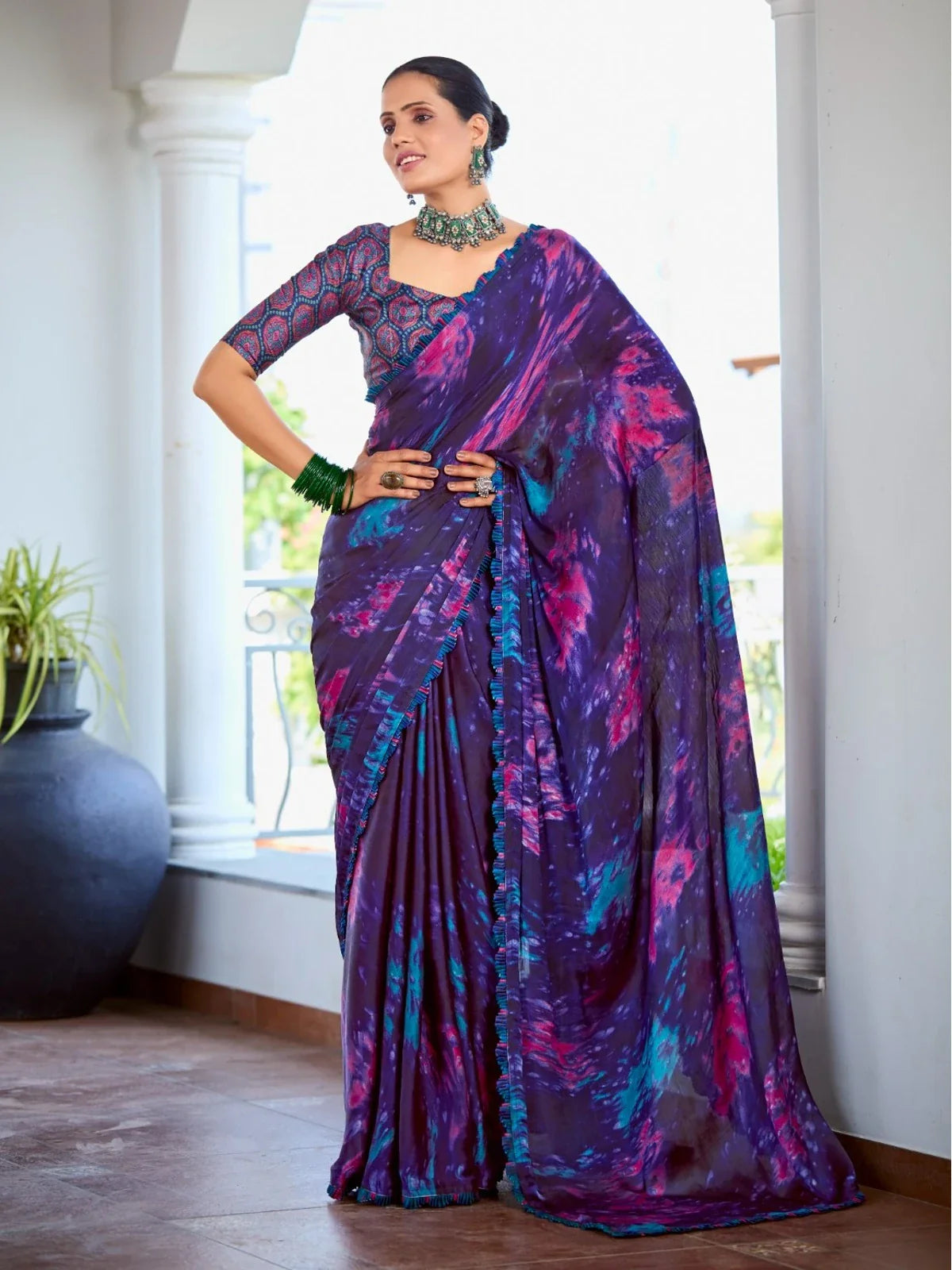 Tarani premium purple satin saree full view with elegant festive design