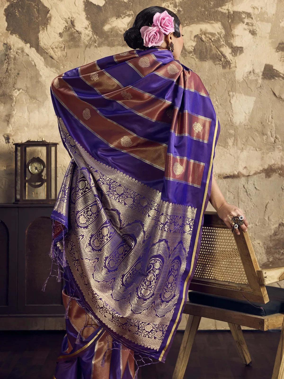 Tarani pure satin purple saree pallu-view