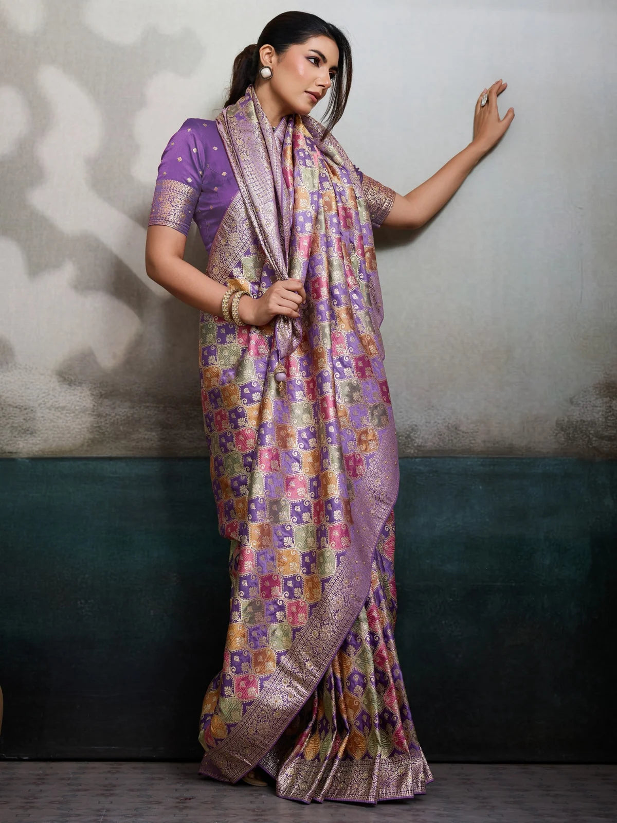 Tarani Pure Satin Jacquard purple saree side view showing elegant drape