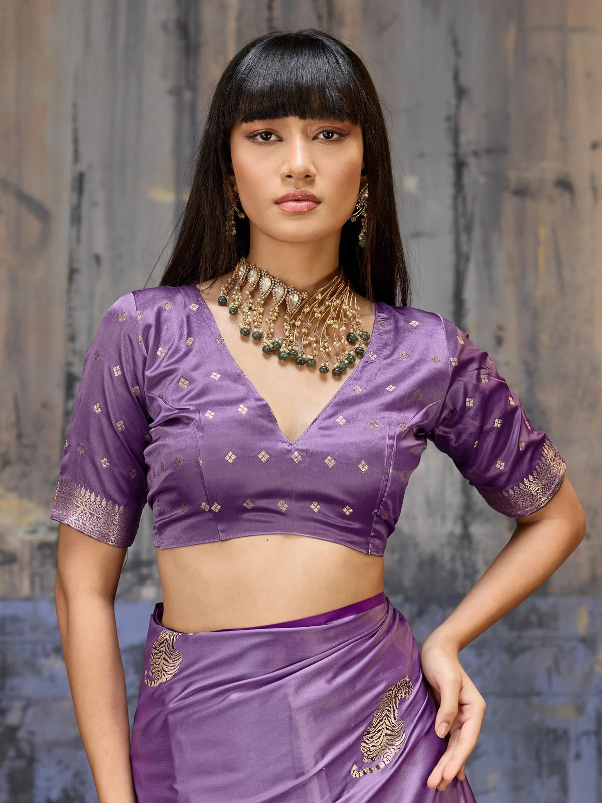 Tarani purple satin saree blouse close upper body portrait with woven detailing