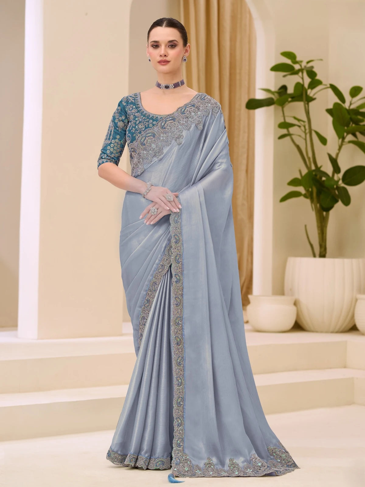 Tarani Unnati silver shimmer satin saree full view with embroidery work blouse for party and festive wear