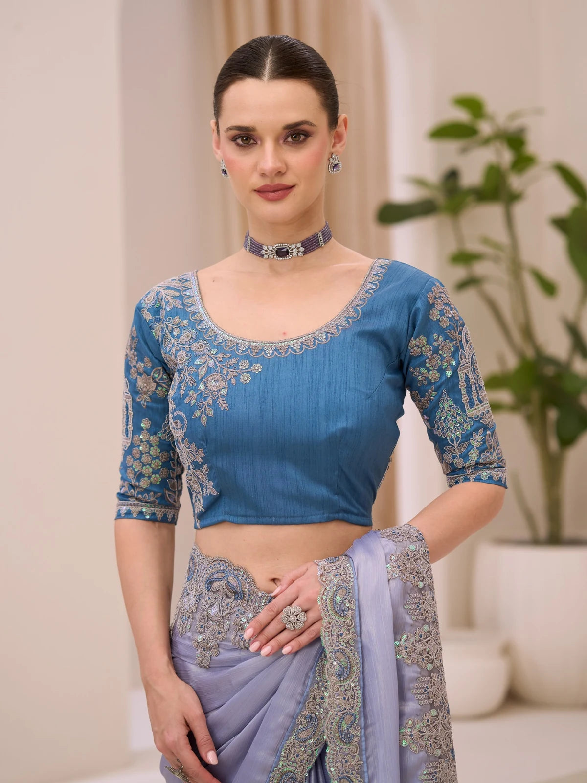 Tarani Unnati silver shimmer satin saree upper body view showing embroidered blouse detailing