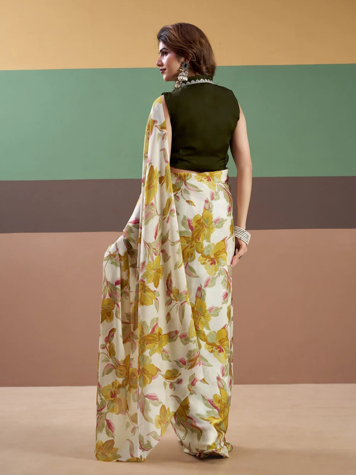 Tarani white floral satin saree back view showing blouse design and fall