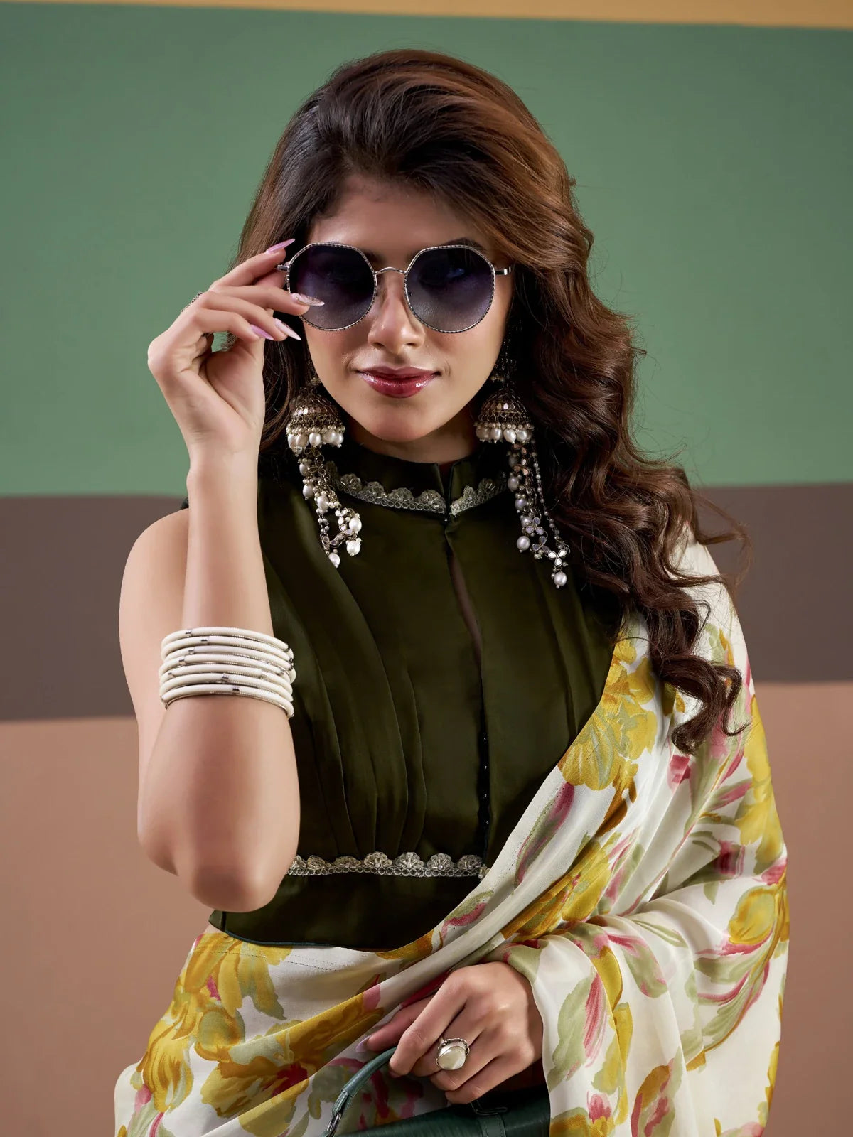 Tarani white satin saree upper body look with elegant green blouse and accessories