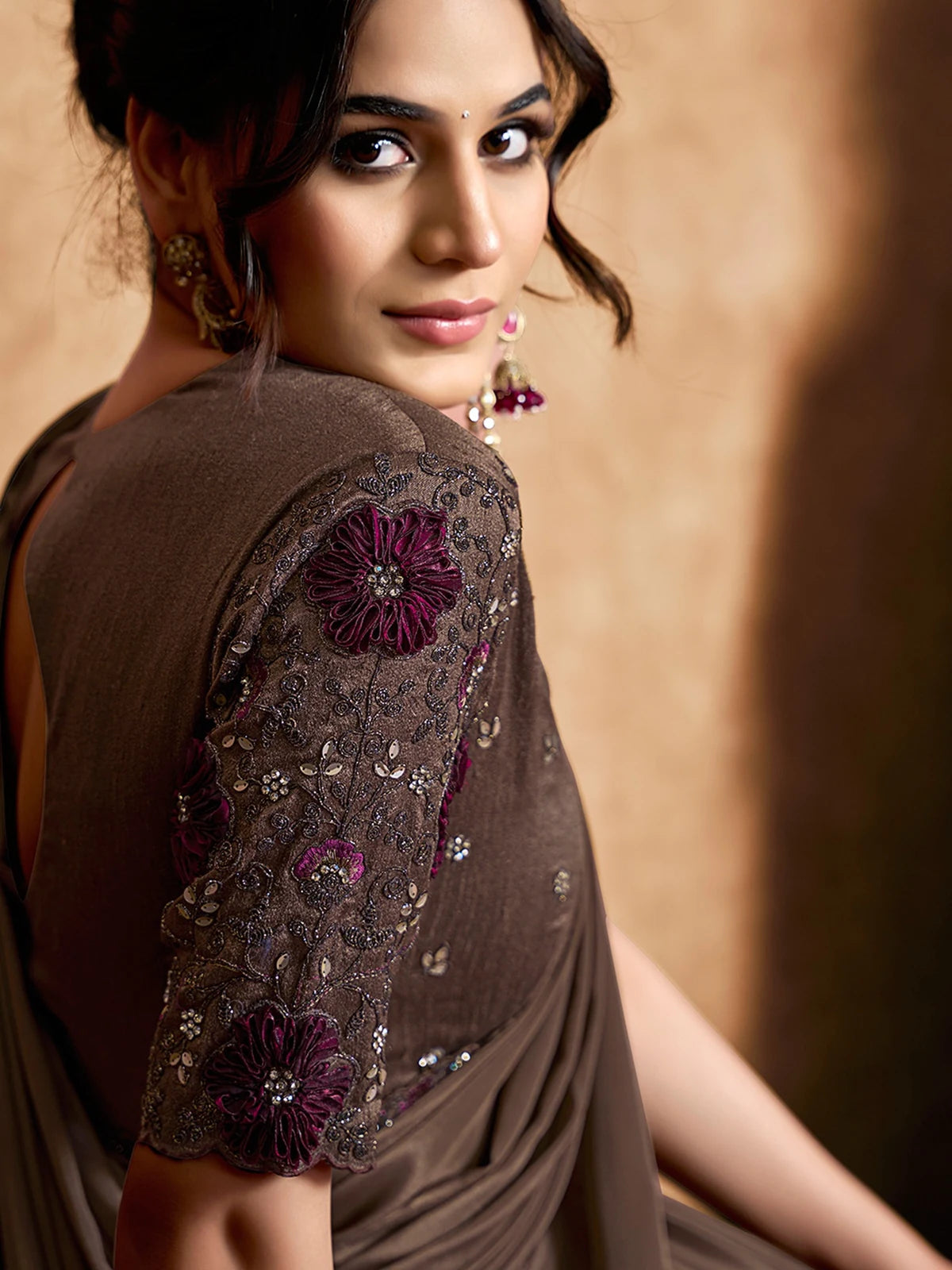 Tarani Harshita blouse view featuring raw slub silk blouse with applique flower and thread embroidery
