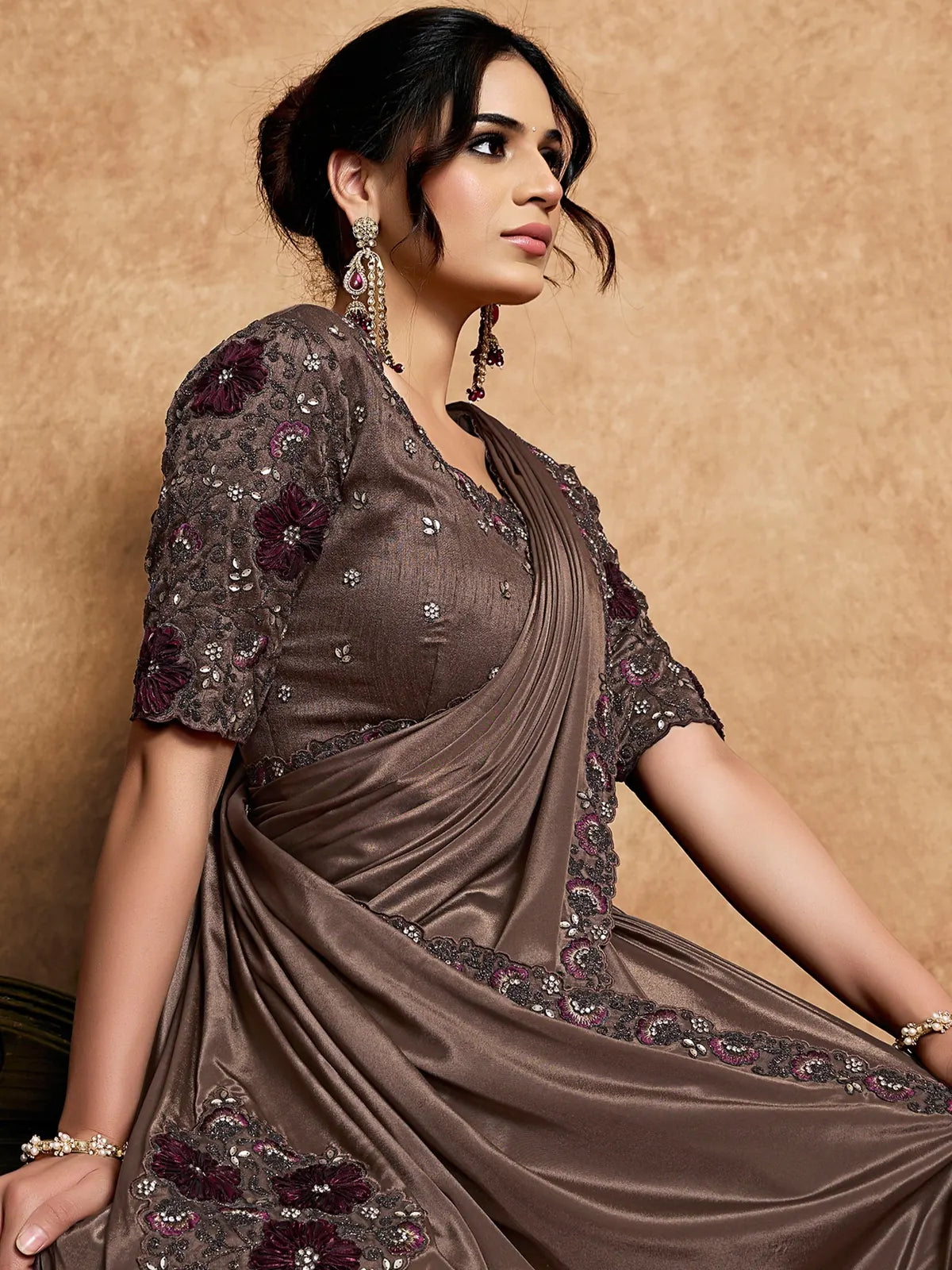 Tarani Harshita brown lustrous satin silk saree side view with embroidered raw slub silk blouse