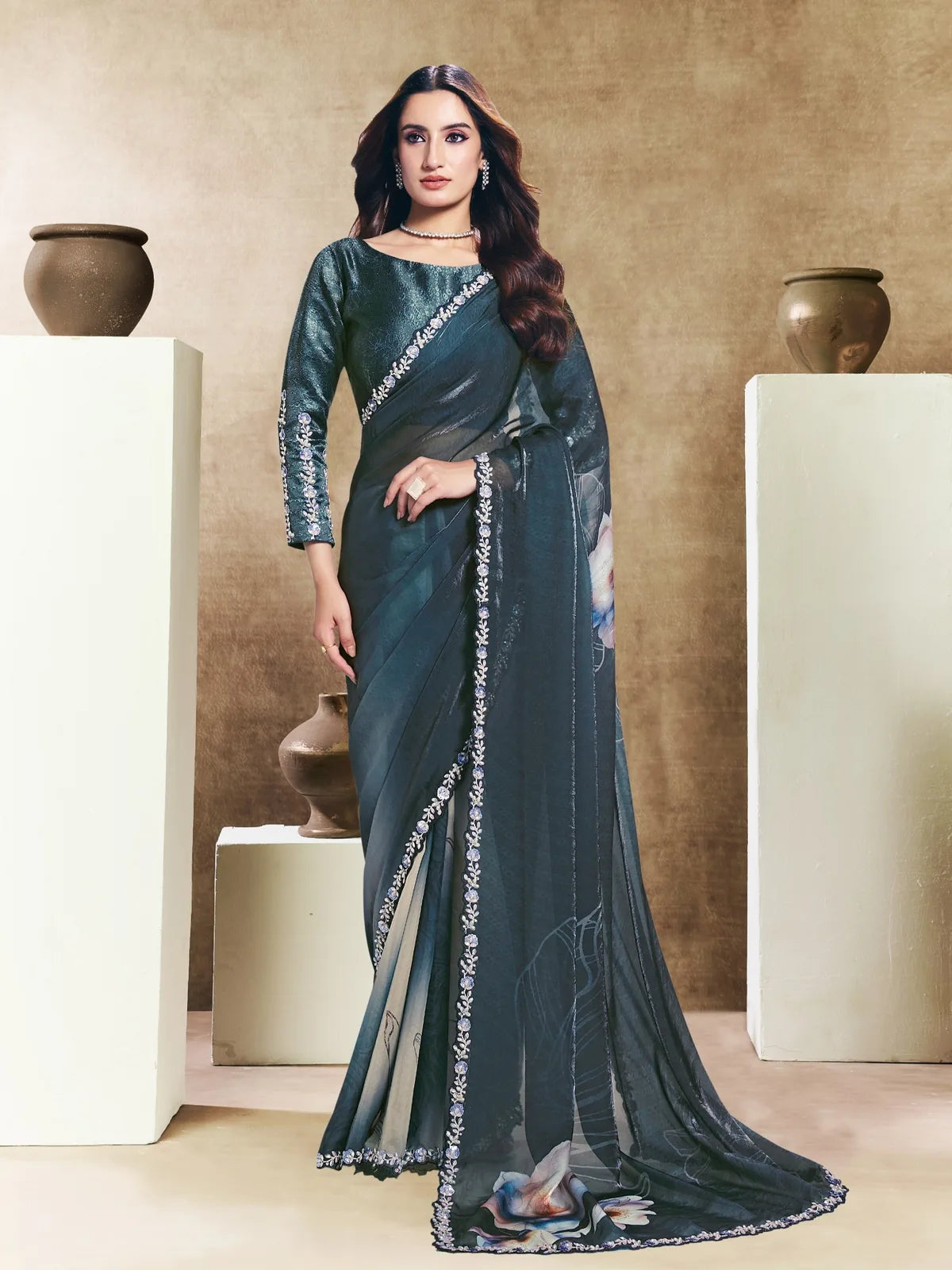 Tarani Nainika grey Satin silk saree full view with embroidery stone work and digital abstract print